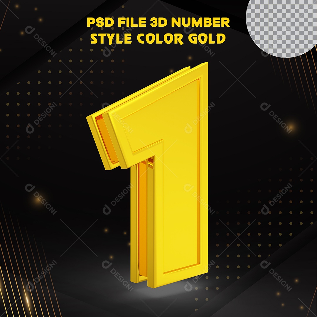 Número 3D 1 Dourado com Bordas Elemento para Composição PSD