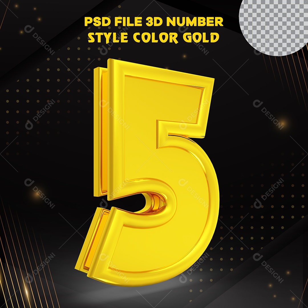 Número 3D 5 Dourado com Bordas Elemento para Composição PSD