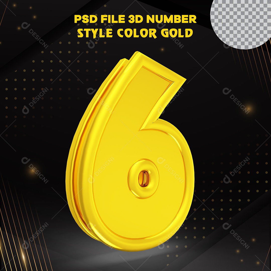 Número 3D 6 Dourado com Bordas Elemento para Composição PSD
