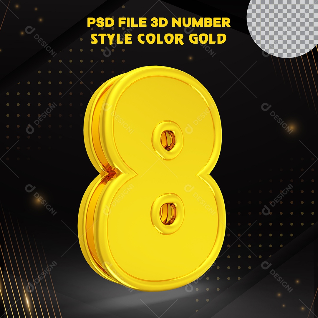 Número 3D 8 Dourado com Bordas Elemento para Composição PSD