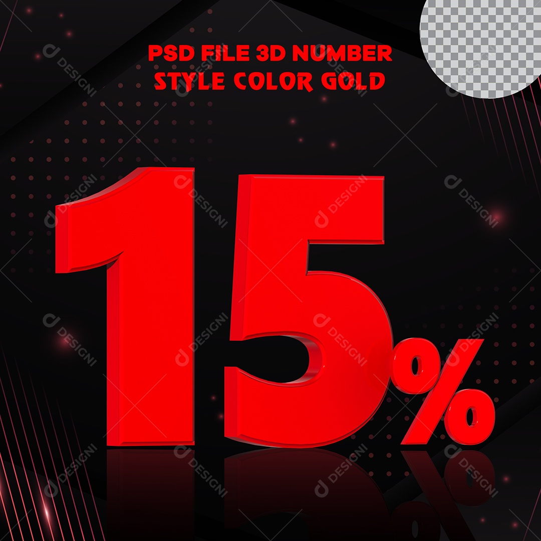 Número 3D 15% Vermelho Elemento para Composição PSD
