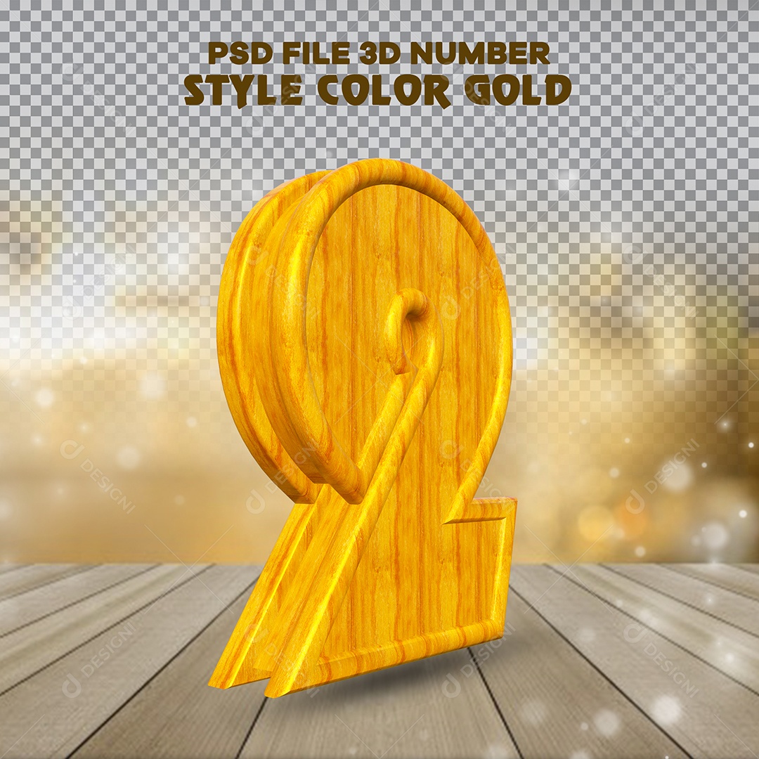 Número 2 Dourado Elemento 3D de Madeira Para composição PSD