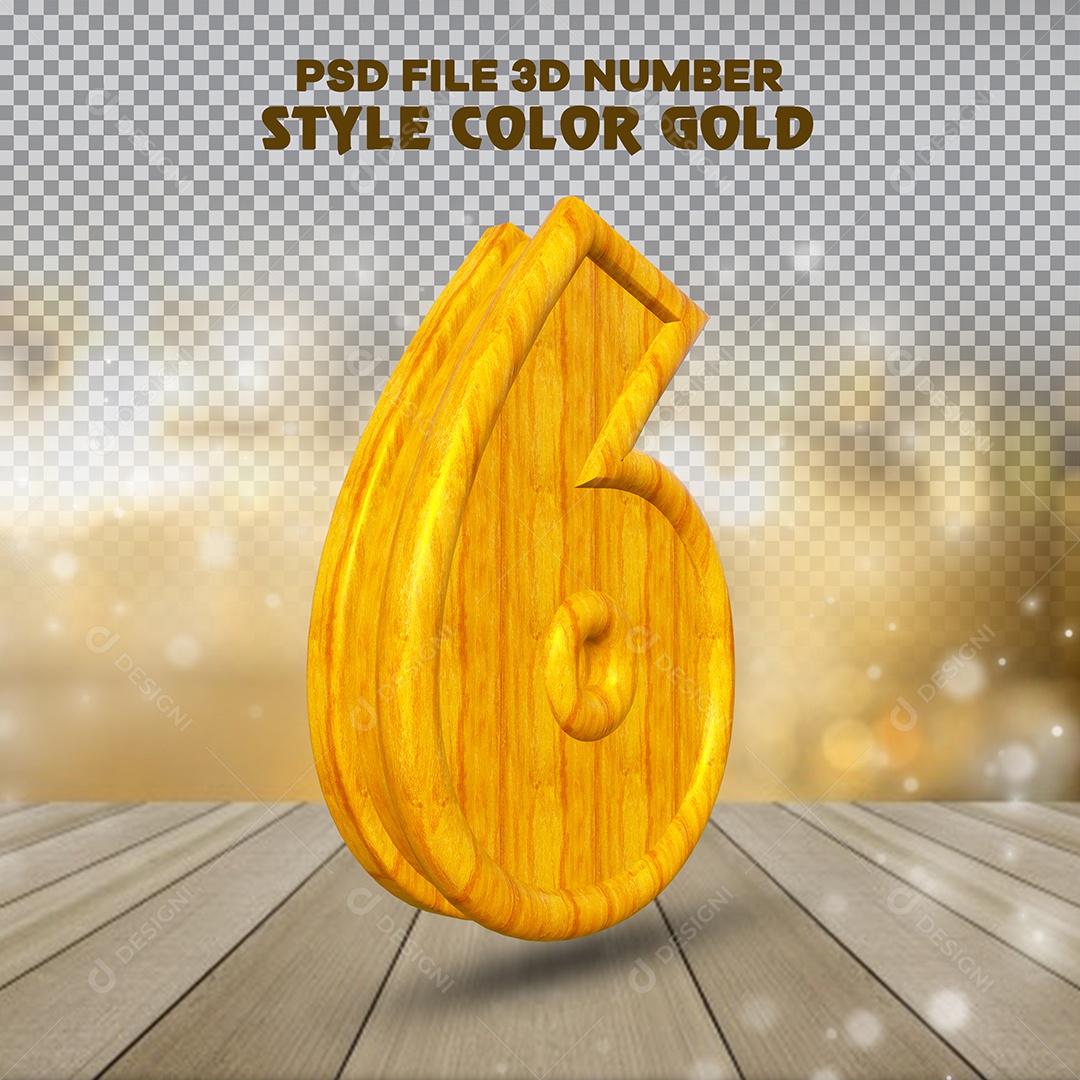 Número 6 Dourado Elemento 3D de Madeira Para composição PSD