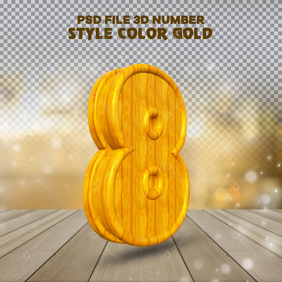 Número 8 Dourado Elemento 3D de Madeira Para composição PSD