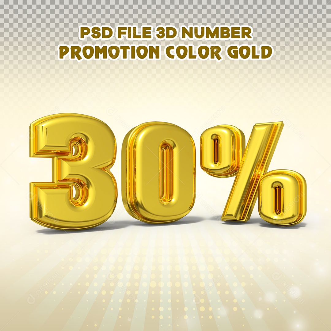 Número 3D 30% Dourado com Bordas Elemento Para Composição PSD