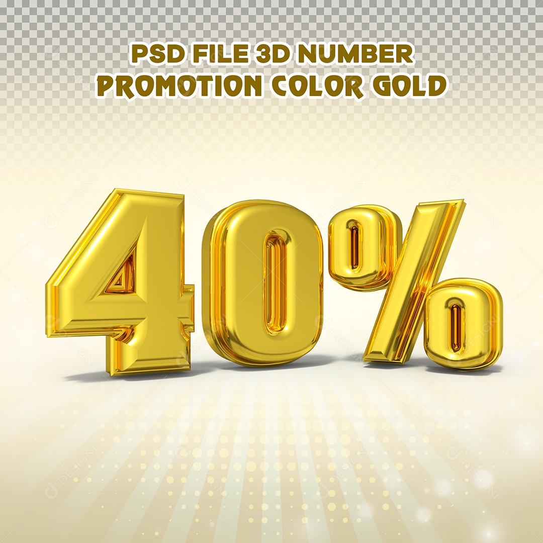 Número 3D 40% Dourado com Bordas Elemento Para Composição PSD