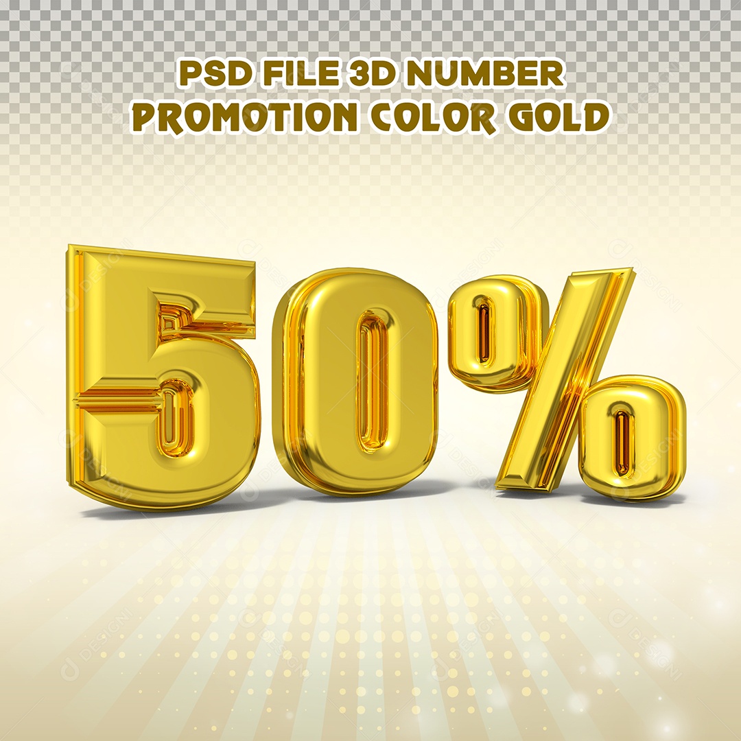 Número 3D 50% Dourado com Bordas Elemento Para Composição PSD