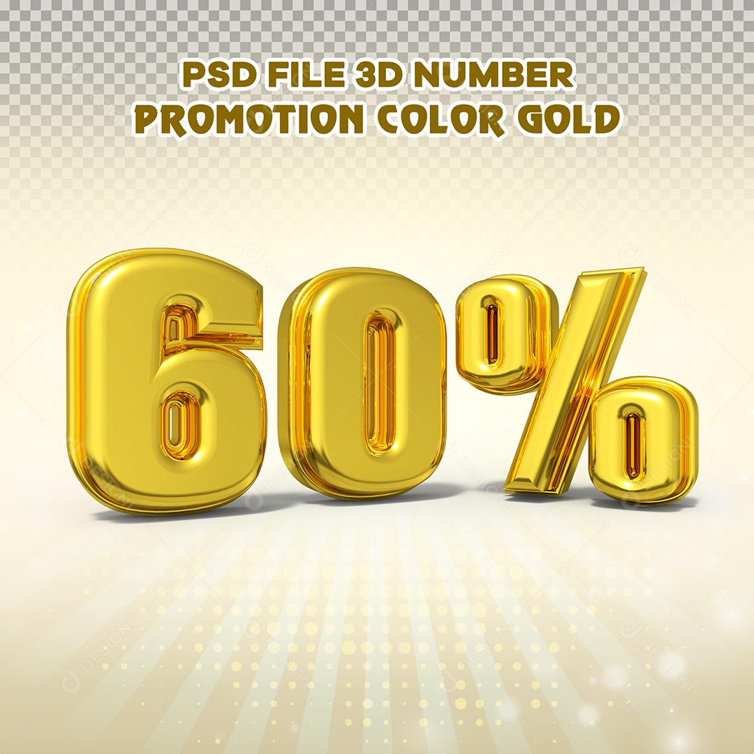 Número 3D 60% Dourado com Bordas Elemento Para Composição PSD