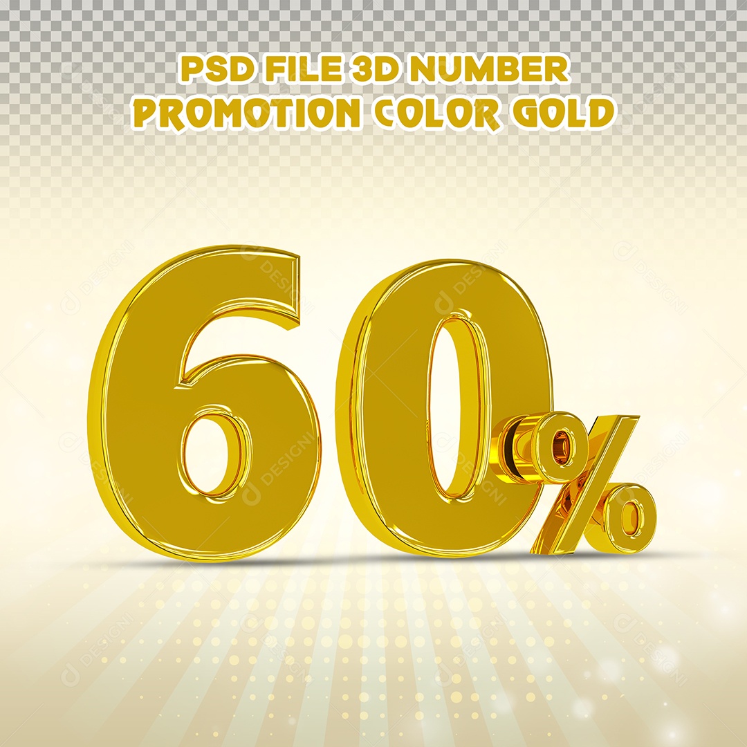 Número 3D 60% Dourado com Bordas Elemento Para Composição PSD