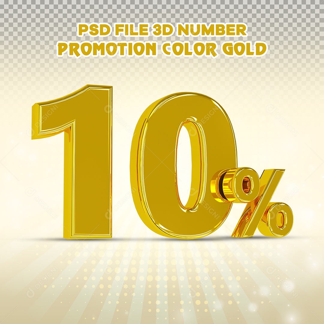 Número 3D 10% Dourado com Bordas Elemento Para Composição PSD