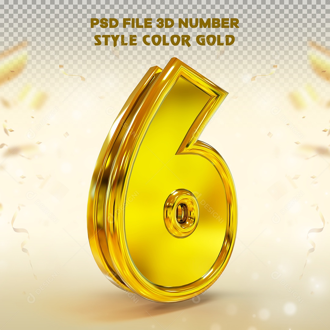 Número 3D 6 Dourado com Bordas Elemento para Composição PSD