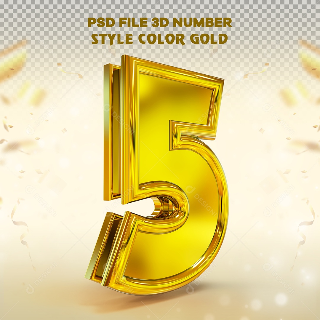 Número 3D 5 Dourado com Bordas Elemento para Composição PSD