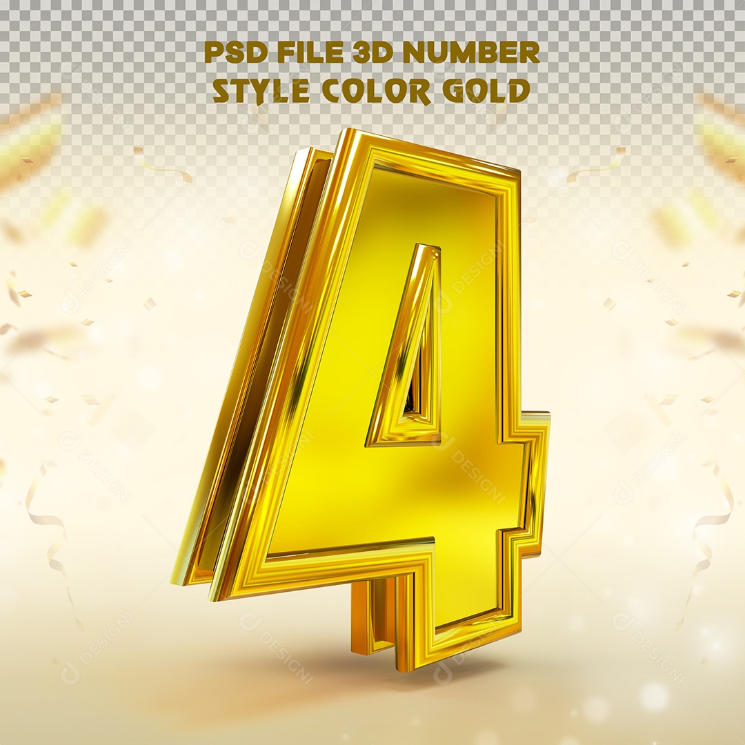 Número 3D 4 Dourado com Bordas Elemento para Composição PSD