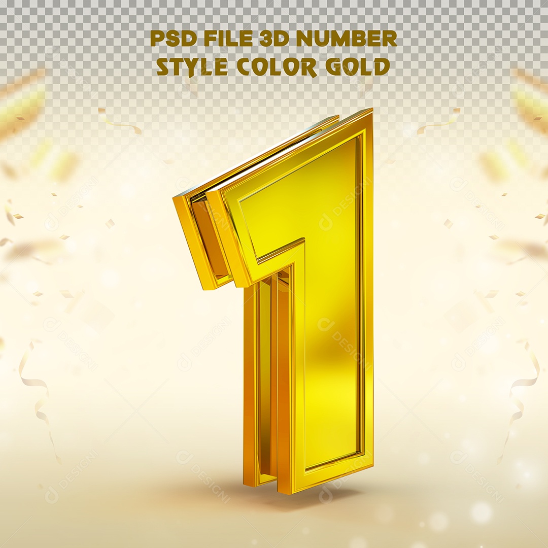 Número 3D 1 Dourado com Bordas Elemento para Composição PSD