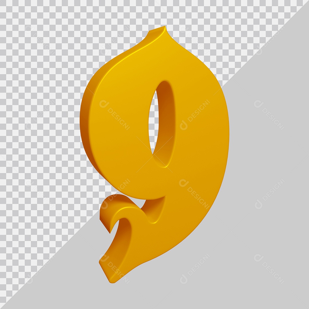 Número 3D 9 Dourado Para composição PSD