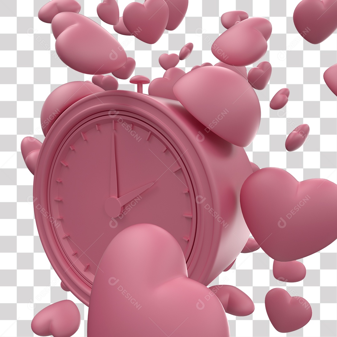 Relógio e Corações Rosa para Outubro Rosa Elemento 3D PNG Transparente