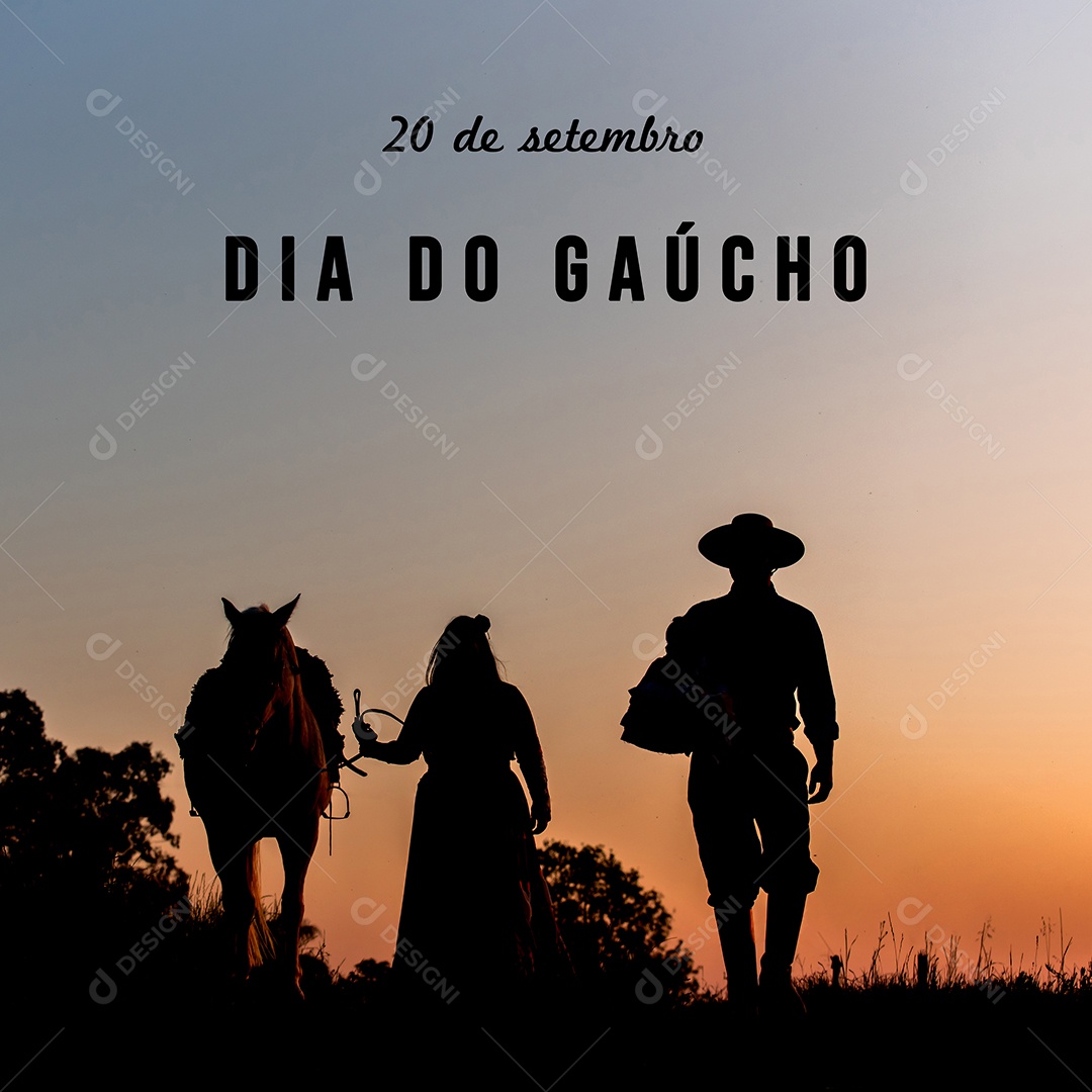 Família de cavalos e gaúchos em campo ao pôr do sol silhueta