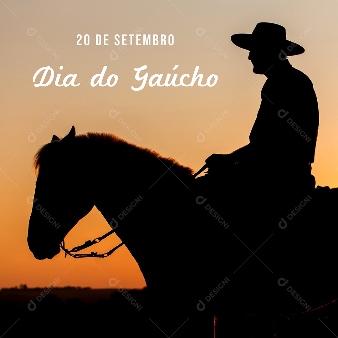 Silhueta de um gaúcho com chapéu a cavalo ao pôr do sol