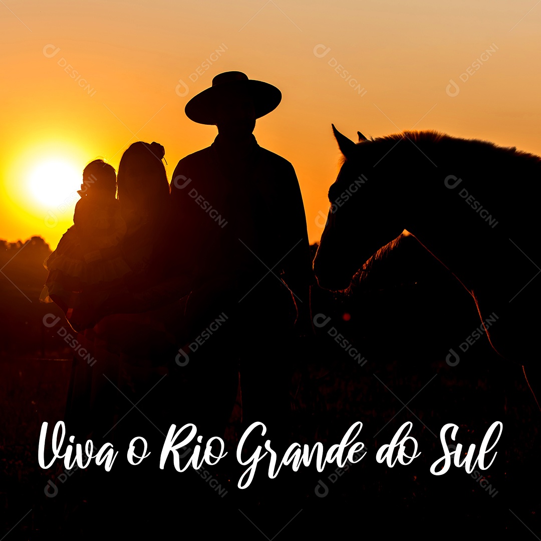 Silhueta da família gaúcha com cavalo ao pôr do sol