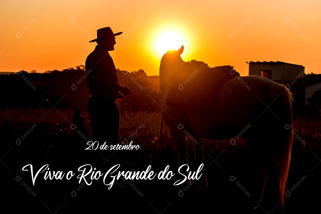 Silhueta de gaúcho com cavalo na zona rural ao pôr do sol