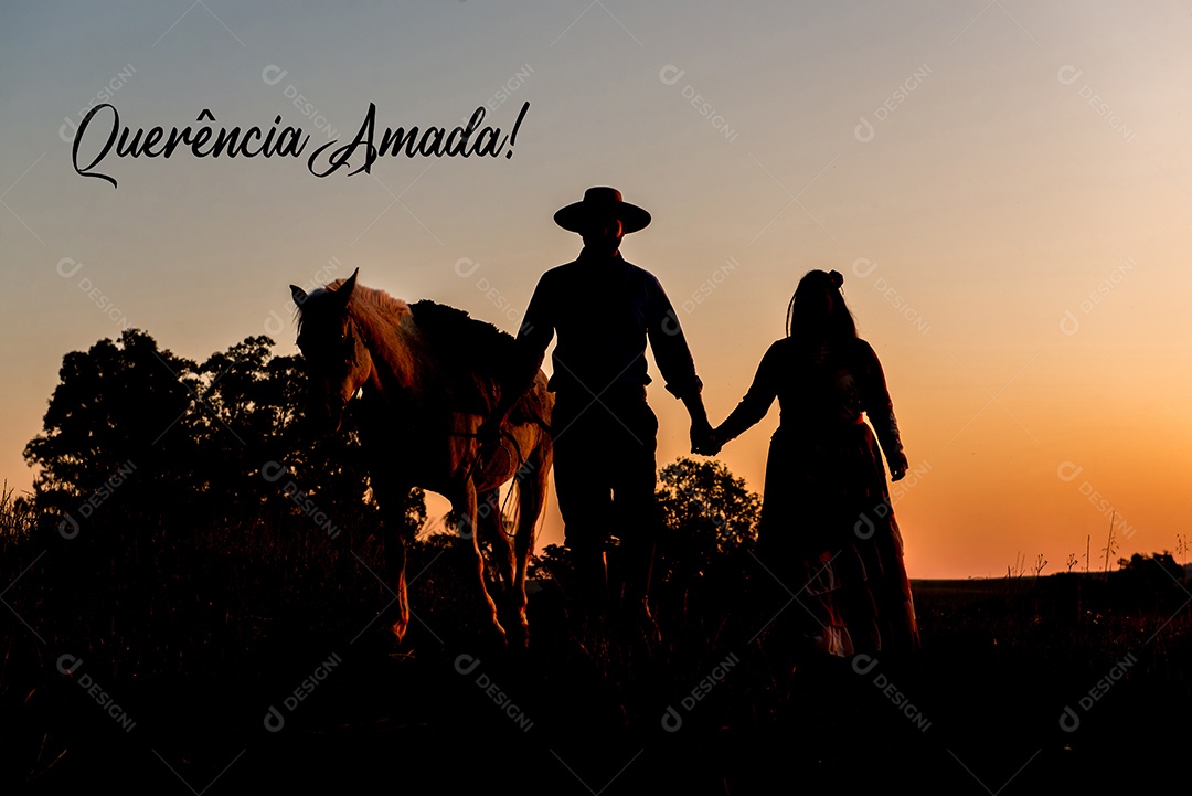 Silhouette of horse and gaucho family at sunset in southern Brazil