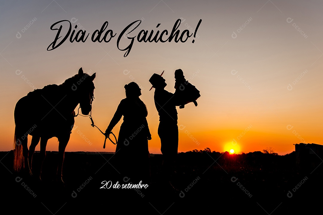 Silhueta de cavalo e família gaúcha ao pôr do sol no campo