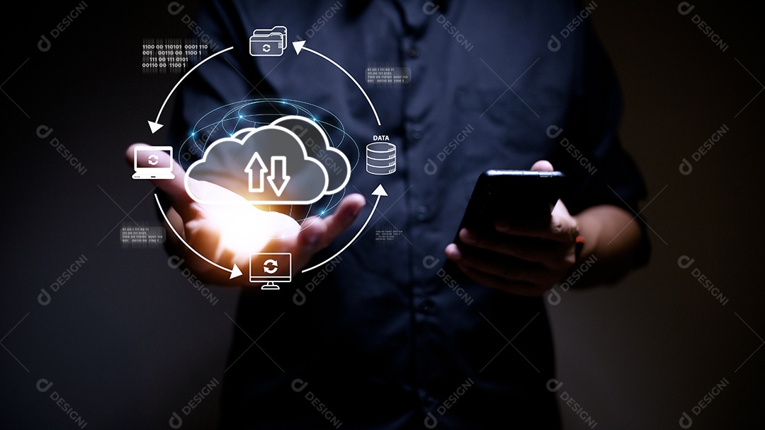 Conceito de tecnologia de serviço em nuvem com ícones de armazenamento de dados digitais.