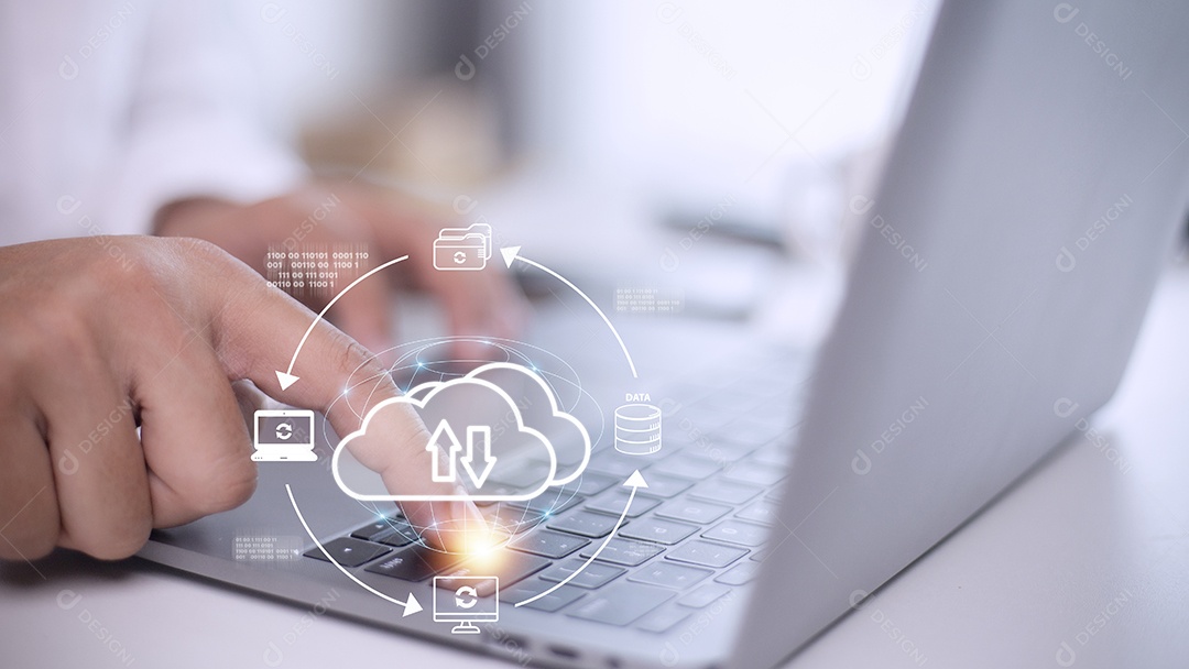 Conceito de tecnologia de serviço em nuvem com ícones de armazenamento de dados digitais.