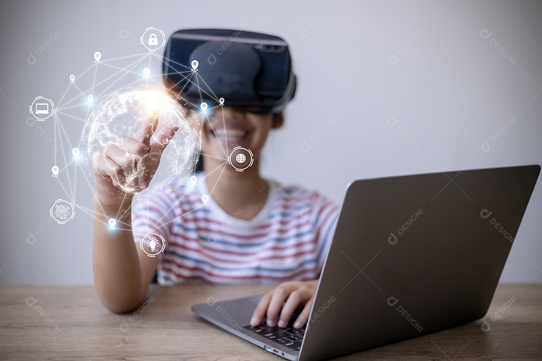 Criança vestindo realidade virtual com incrível futurista global