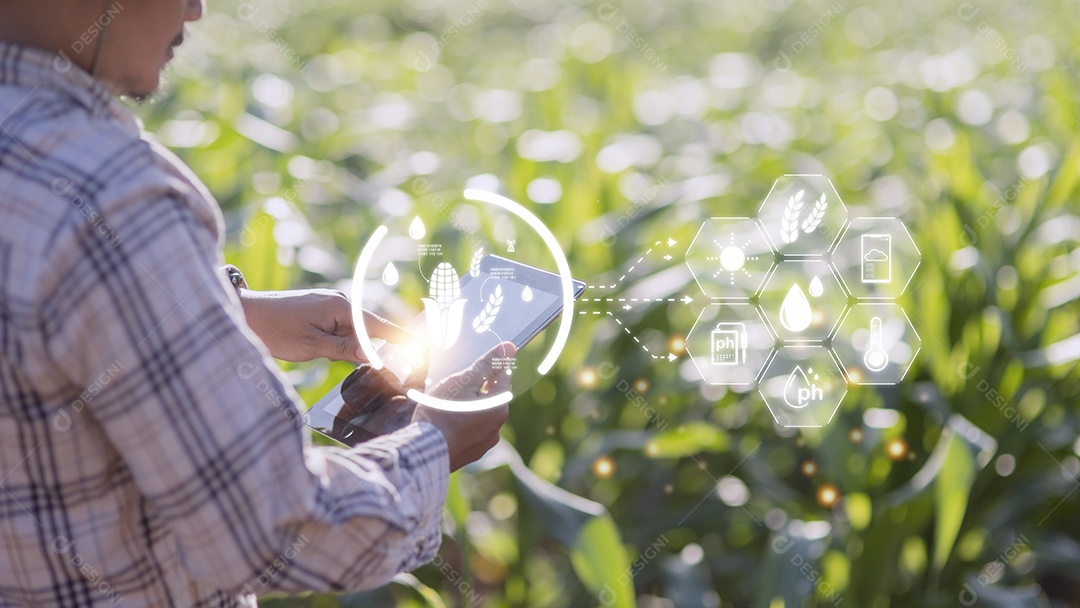 Homem agricultor de tecnologia agrícola usando dados de análise de computador tablet e ícone visual.