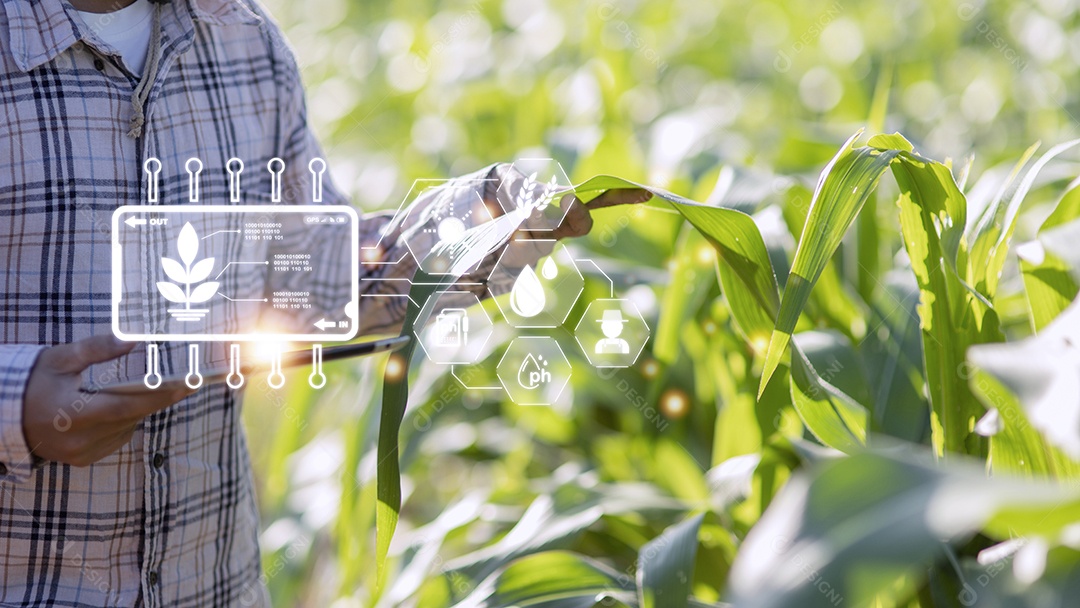 Homem agricultor de tecnologia agrícola usando dados de análise de computador tablet e ícone visual.