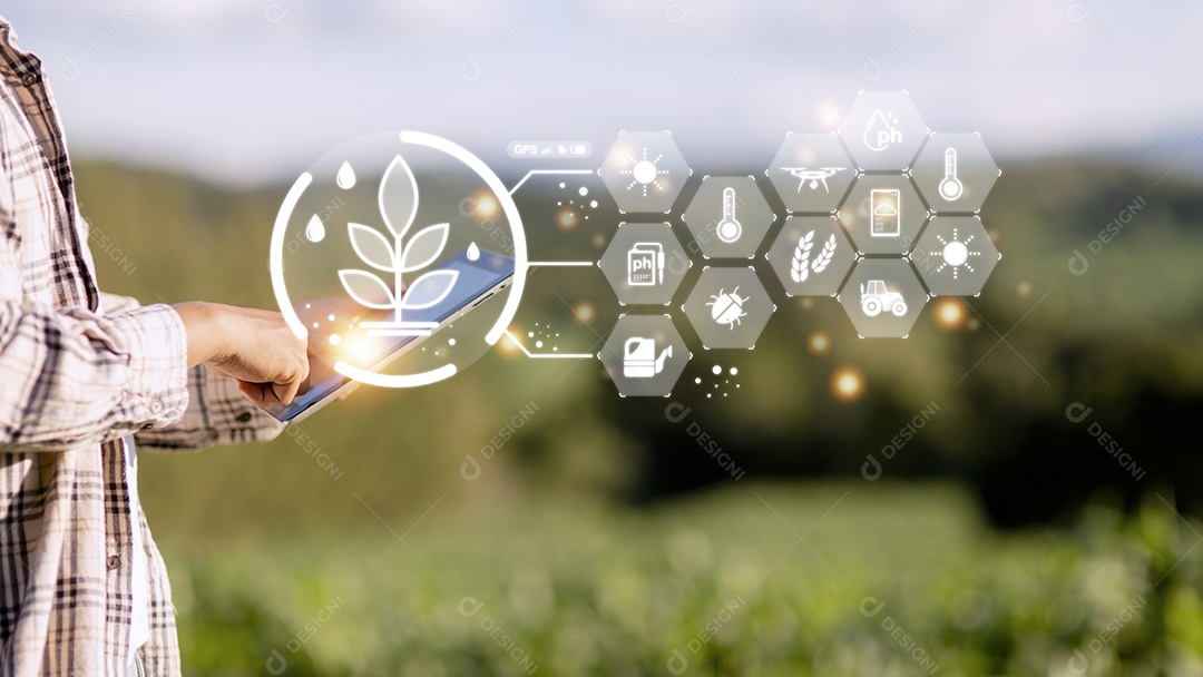 Homem agricultor de tecnologia agrícola usando dados de análise de computador tablet e ícone visual.
