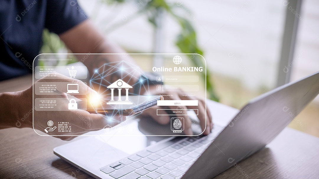 Empresário usando mobile banking e pagamento online, marketing digital. Finanças e redes bancárias