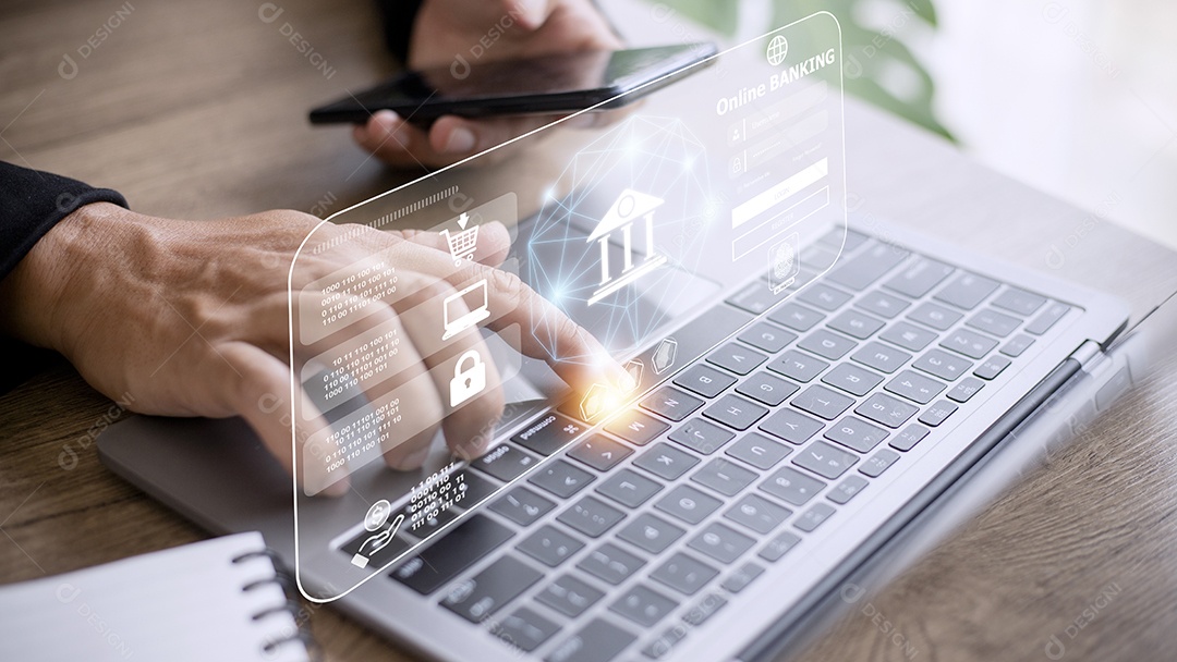 Empresário usando mobile banking e pagamento online, marketing digital. Finanças e redes bancárias