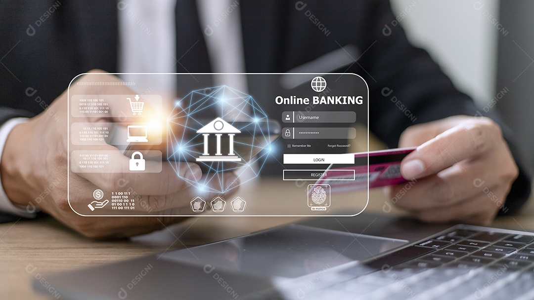 Pagamento online, mãos do homem segurando smartphone e usando cartão de crédito para compras online.