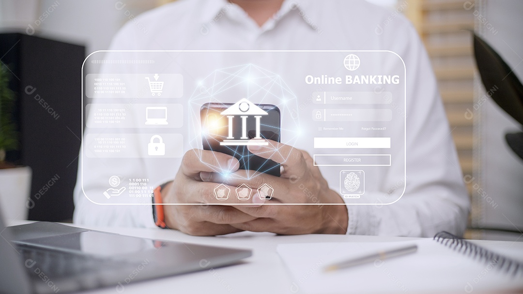 Empresário usando mobile banking e pagamento online, mar digital