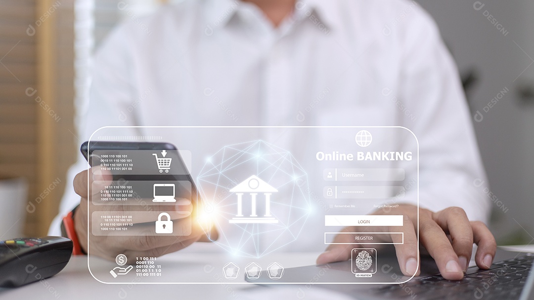 Empresário usando mobile banking e pagamento online, mar digital