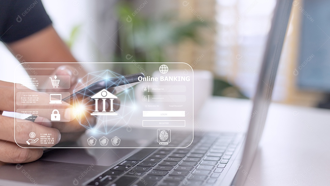 Empresário usando mobile banking e pagamento online, mar digital