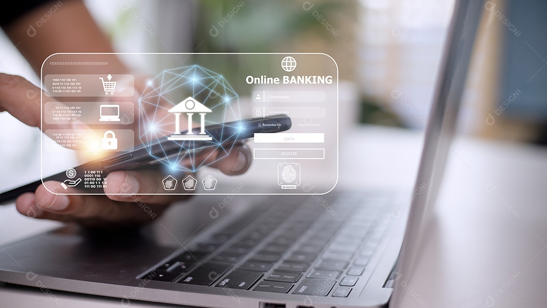 Empresário usando mobile banking e pagamento online, mar digital