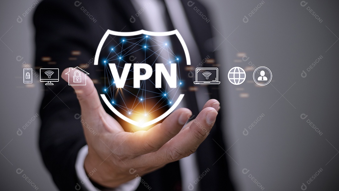 Conceito de conexão segura VPN. Pessoa que usa a Rede Privada Virtual