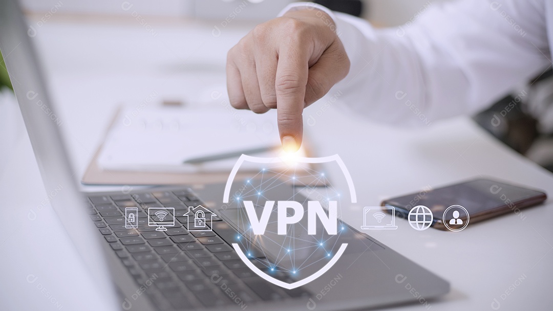 Conceito de conexão segura VPN. Pessoa que usa a Rede Privada Virtual