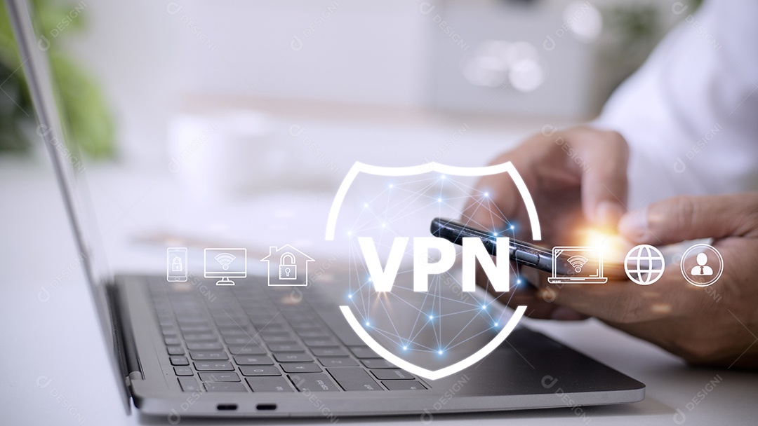 Conceito de conexão segura VPN. Pessoa que usa a Rede Privada Virtual