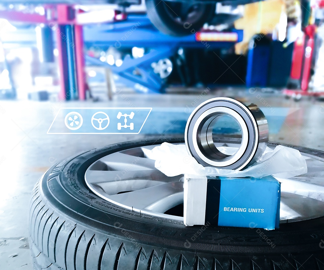 Unidade de rolamento do carro na roda na oficina de reparação automóvel