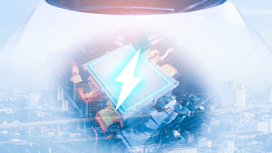 Carro EV e motor elétrico com ambiente urbano