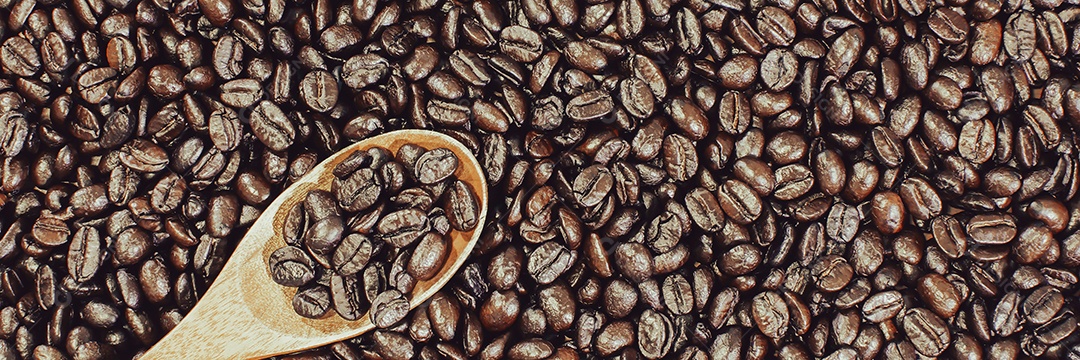 Grãos de café arábica torrados e colher de pau, banner panorâmico