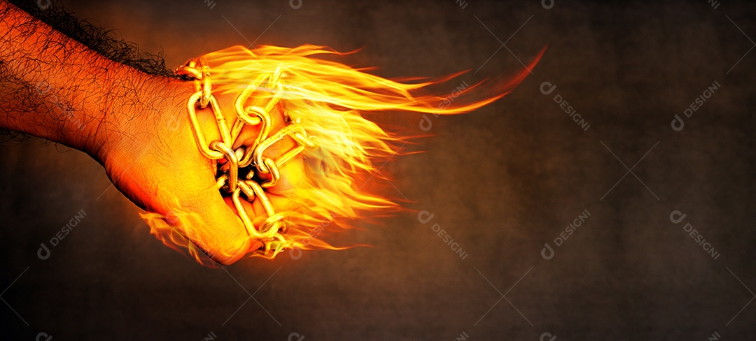 Os punhos têm correntes de metal ao redor deles e as chamas estão queimando