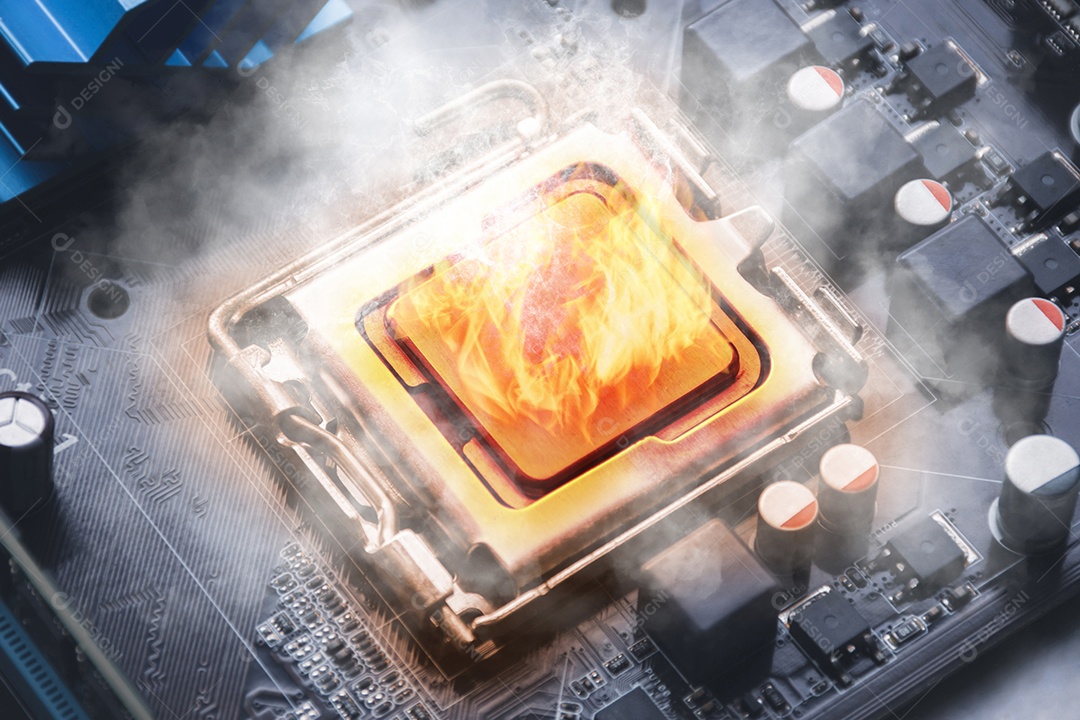 Chamas inflamam os processadores de computador na placa-mãe