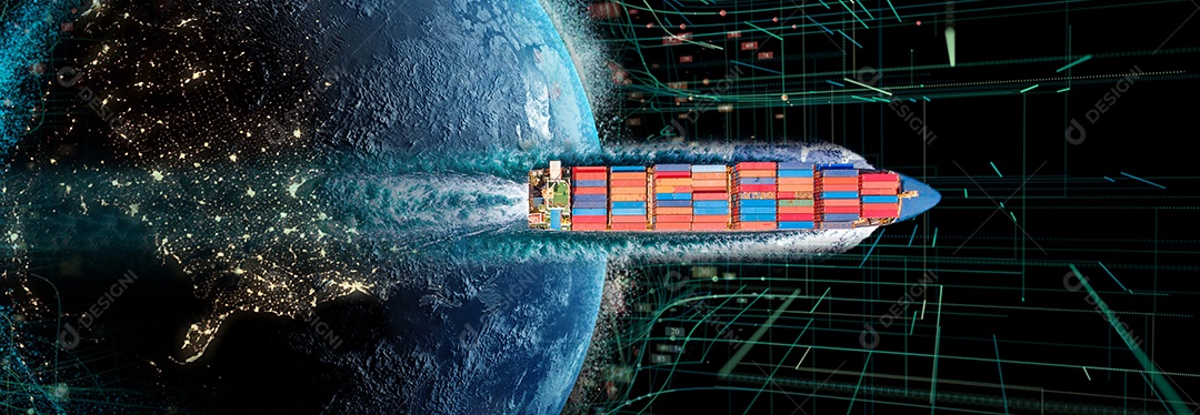 Tecnologia de comunicação para negócios na internet Cyber. Planeta global com vista aérea superior do navio de carga com rastro no navio oceânico transportando contêiner e correndo para exportação do porto internacional de contêineres para a alfândega