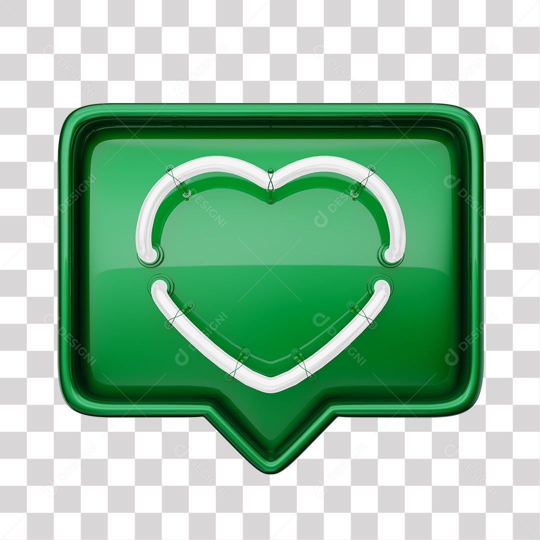 Emoji de Curtida Verde com Coração Branco De Led Elemento 3D Para Composição PNG Transparente
