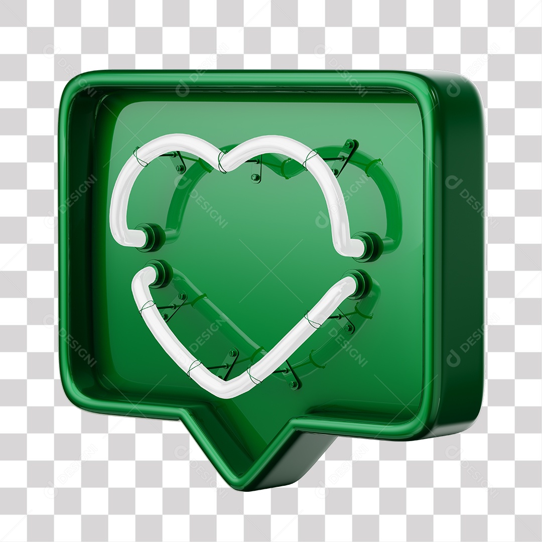 Emoji de Curtida Verde com Coração Branco De Led Elemento 3D Para Composição PNG Transparente